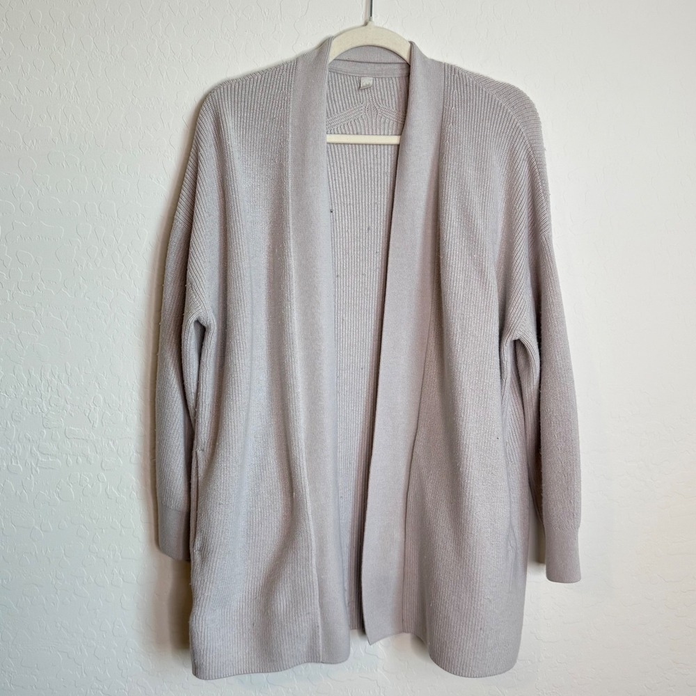 Lululemon Merino Wool-Blend Ribbed Long Wrap Sweater Light Grey Sz 10 Lounge